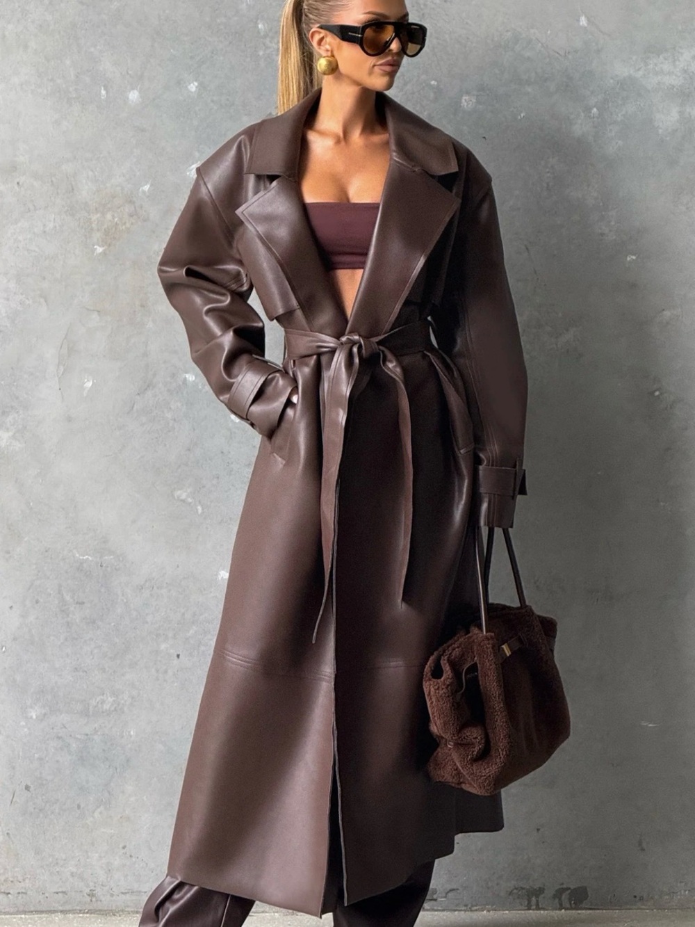 Women's Brown Faux Leather Trench Coat with Belt